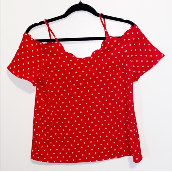 Monteau Tops - Monteau red/white polka dot off the shoulder top
